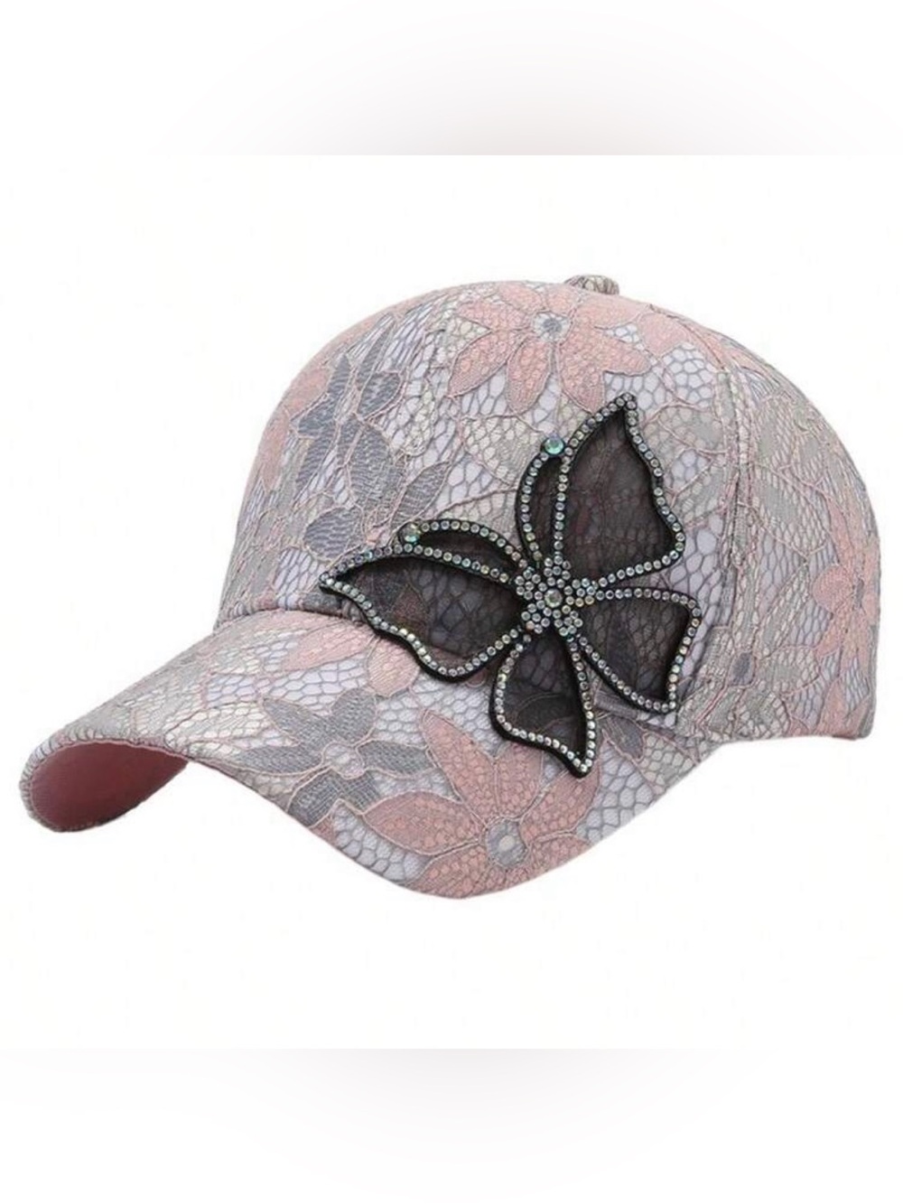 Pink Lace Baseball Cap with Rhinestone Butterfly Accent